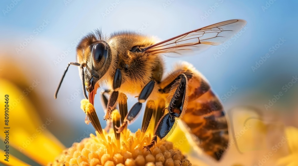 A bee hovering over a flower against a backdrop of a blue sky and clouds A bee hovering over a flower against a backdrop of a blue sky and clouds