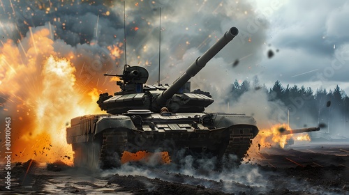 Armored battle tank in war zone combat. Military, battlefield and army concept. photo