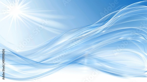  A blue-and-white background hosts a radiant sun at its center, accompanied by a wave of light midway