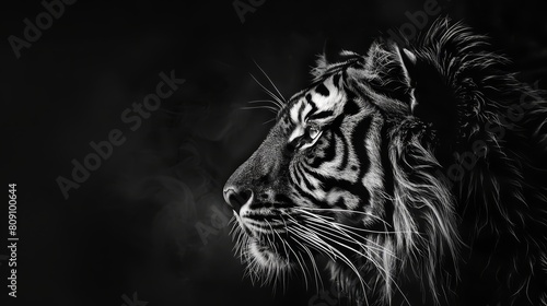   A monochrome image of a tiger s face with smoke emerging from its rear