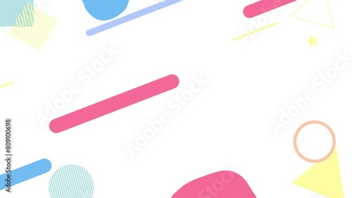 カラフルなメンフィスデザイン、幾何学模様のループする背景　白
