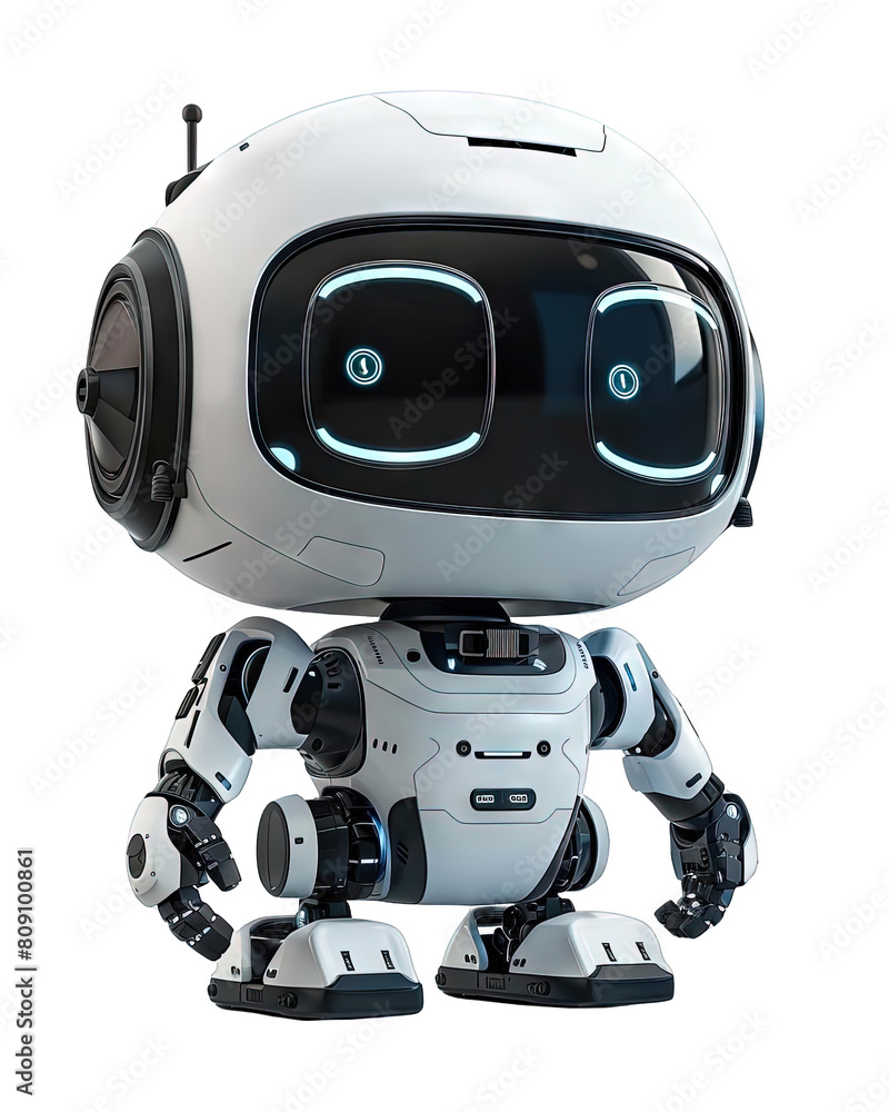 The robot is small and white. It has a friendly face with big eyes and a smile. It is standing on two legs and has two arms. It looks like it could be a toy or a helper. The robot is small and white. It has a friendly face with big eyes and a smile. It is standing on two legs and has two arms. It looks like it could be a toy or a helper.