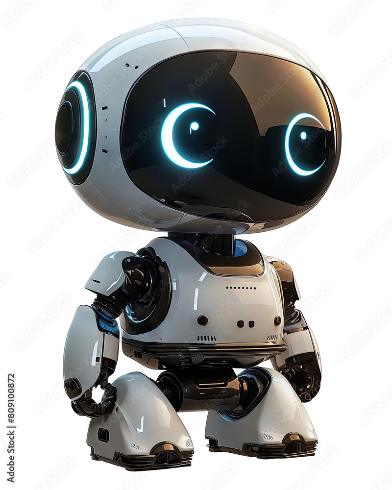 The robot is small and white. It has a round head with two big eyes. It has a blue light on its chest. It has two arms and two legs. It is standing on a white table. The robot is small and white. It has a round head with two big eyes. It has a blue light on its chest. It has two arms and two legs. It is standing on a white table.
