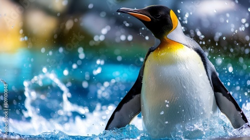   A penguin stands in the water  a splash of liquid adorns its back  as its head emerges