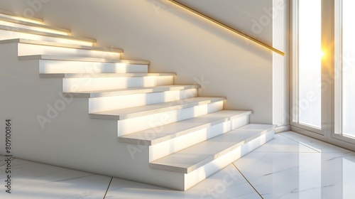   A set of white stairs ascends to a window  emitting light from above  its source apparent on one stair