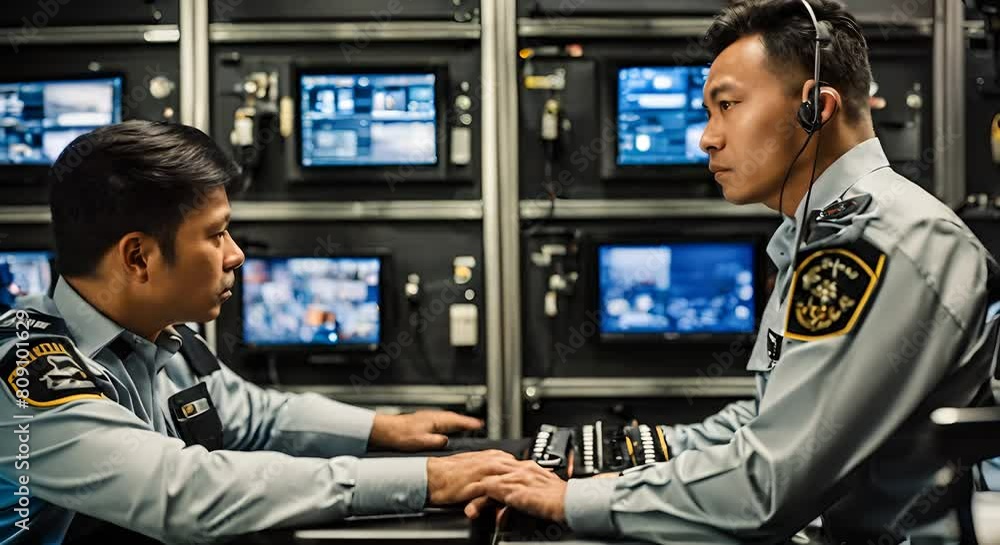 Men in a surveillance room. Men in a surveillance room.