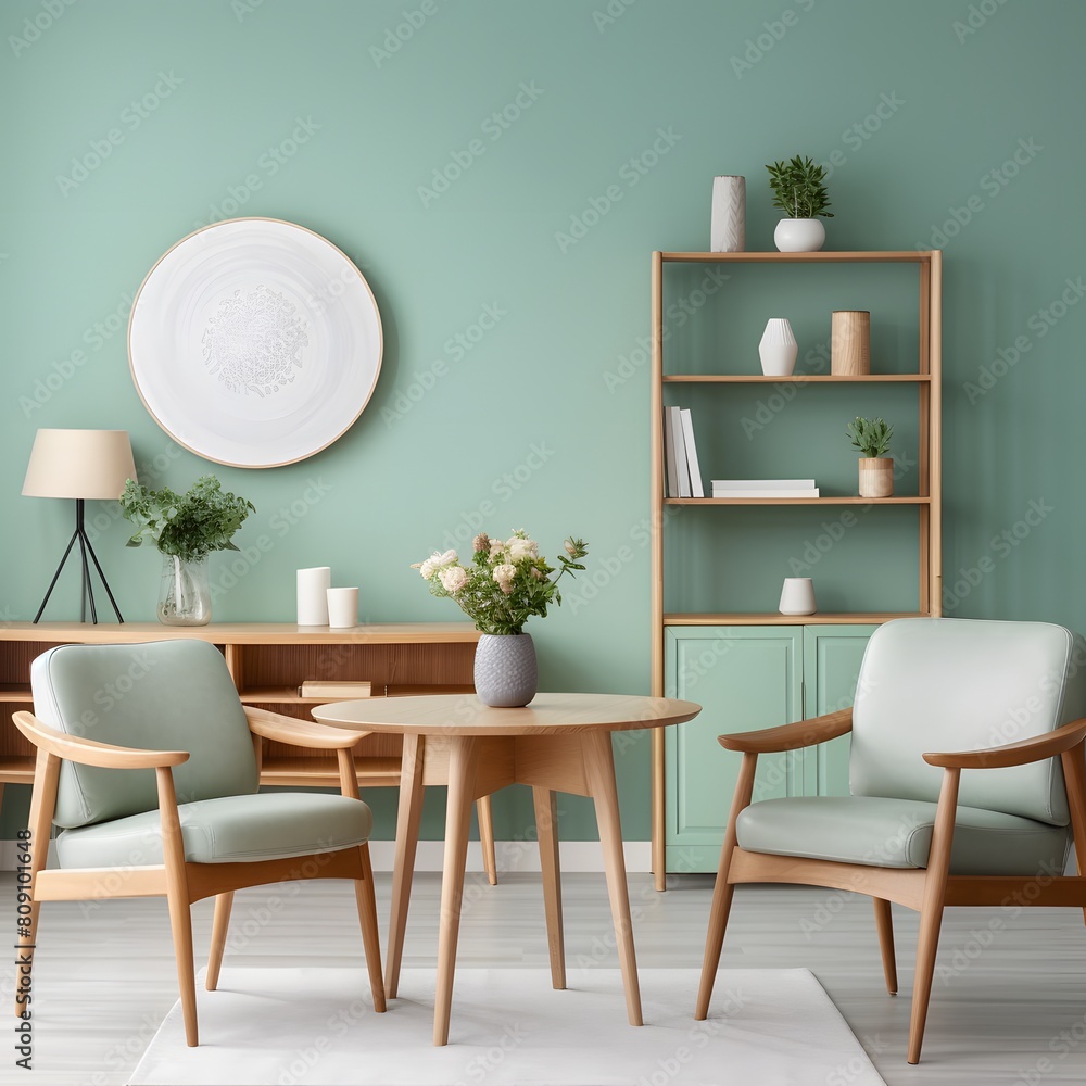 Fototapeta premium A light green living room with wooden furniture. Coffee table and chairs. Mint color. Generative AI.