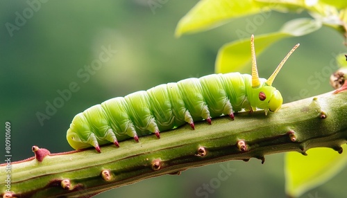delicate green caterpillar crawling on a leafy branch, framed against a soft-focus green background photo