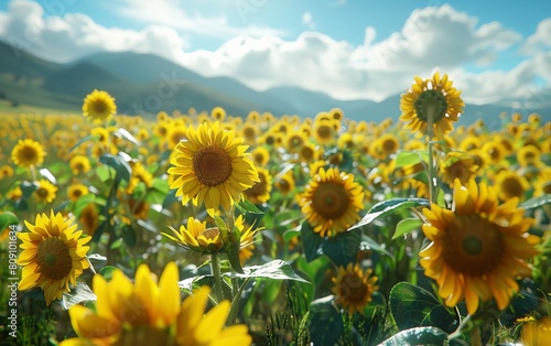 Large  bright yellow sunflowers sway gently in the field with a beautiful mountain landscape and blue sky in the background.