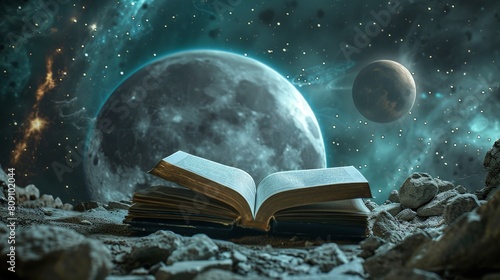 The image shows a book opened on a rocky surface with a full moon and a planet in the background.