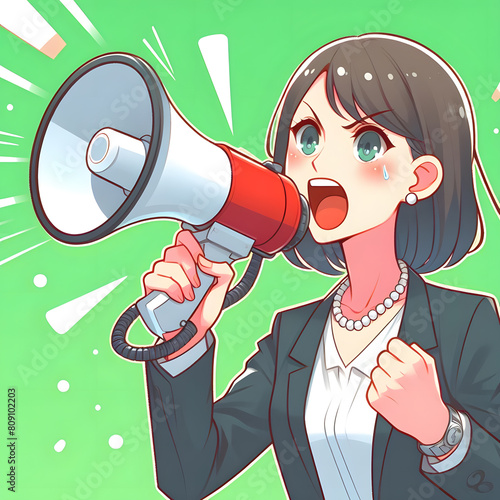 An empowered woman shouting into a megaphone