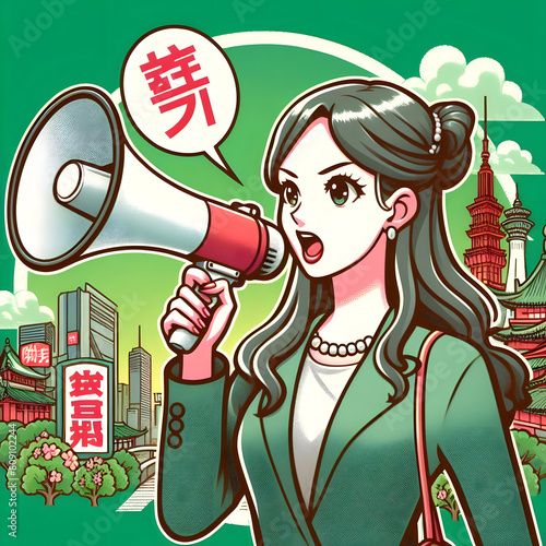 An empowered woman shouting into a megaphone