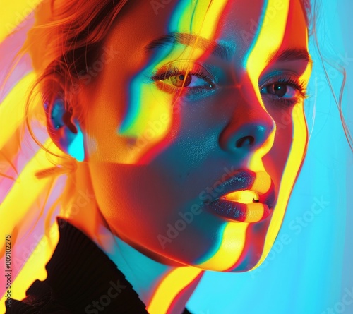 The photo shows a young woman with rainbow light on her face. She is looking at the camera with a serious expression.