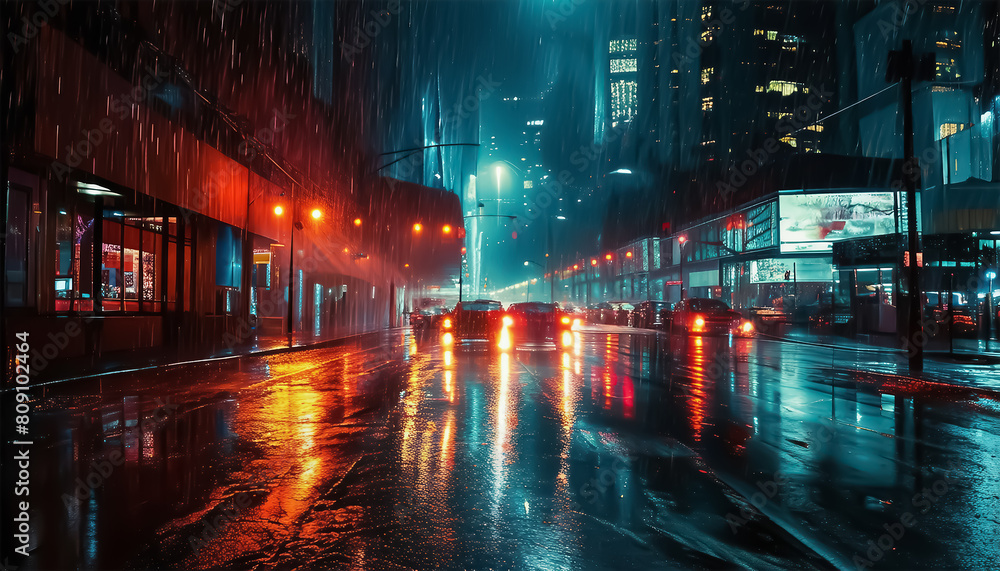 Night rain in the city. Blurred view of a city street with lights on a rainy night. Bokeh glare. Abstract artistic photography