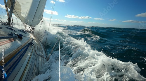 A sailboat with white sails cruising through the sparkling blue ocean on a bright sunny day.