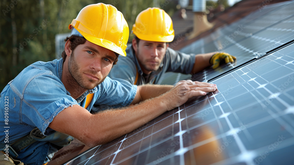 portrait of Solar panels installer men on rooftop, renewable clean alternative energy portrait of Solar panels installer men on rooftop, renewable clean alternative energy