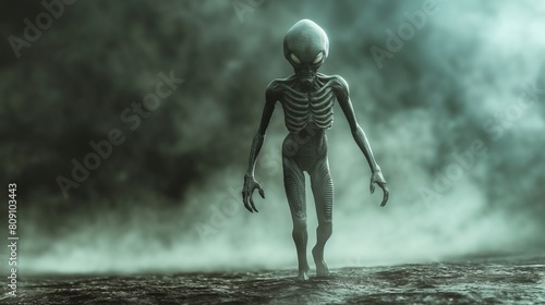 Scary gray alien walks and looks blinking on a dark smoky background. UFO futuristic concept, sci-fi character, copy space.