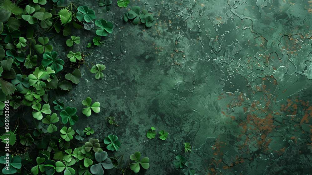 St Patrick's Day background with shamrock leaves on green grunge texture, top view. Design for banner or poster. Space for text. Flat lay, high angle view.