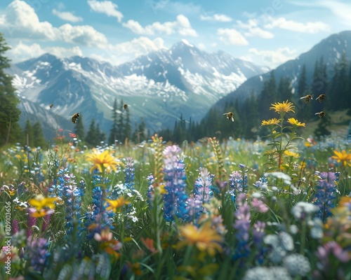 Vibrant Spring Meadow in the Majestic Mountain Landscape with Colorful Wildflowers and Buzzing Bees