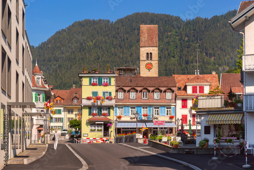 Church and traditional houses in Old City of Unterseen Interlaken, Switzerland (ID: 809103815)