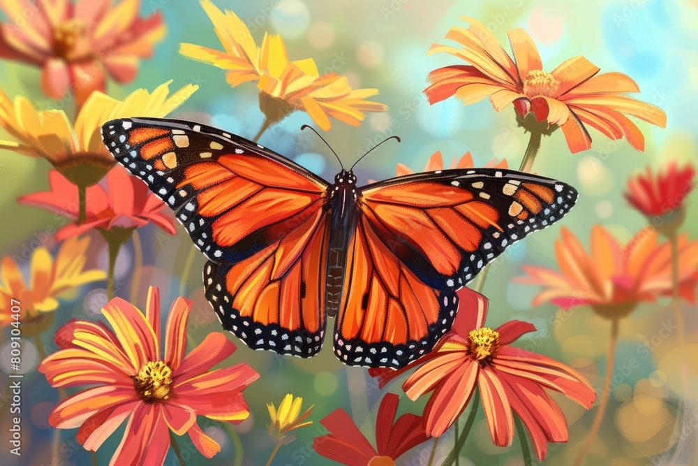 Colorful butterfly on a beautiful flower in the meadow in summer illustration Colorful butterfly on a beautiful flower in the meadow in summer illustration