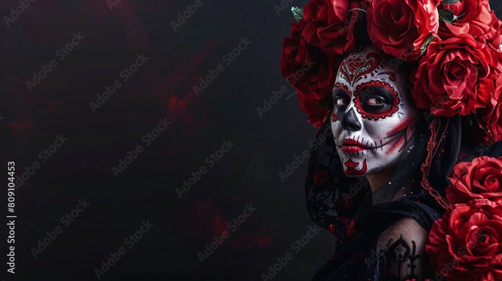Woman with sugar skull make up and flowers 