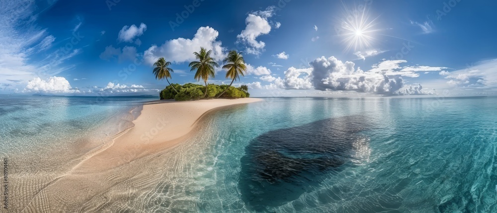 Idyllic tropical island with leaning palm trees and clear water.