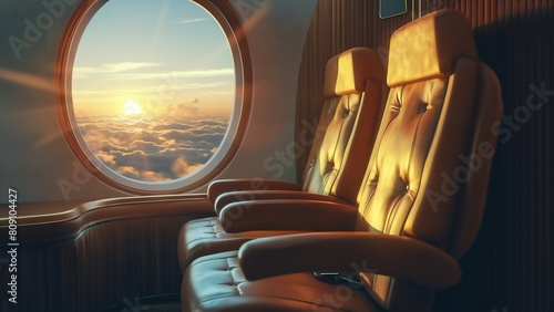 Luxuriöse Erste Klasse Sitz im Flugzeug mit Blick aus dem Fenster auf den Sonnenuntergang über den Wolken, Konzept für Luxus Urlaub und Reisen