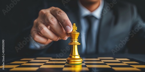 Close up of businessman hand moving gold Chess King figure and Checkmate opponent during chessboard competition. Strategy, Success, management, business planning, disruption and leadership concept  photo