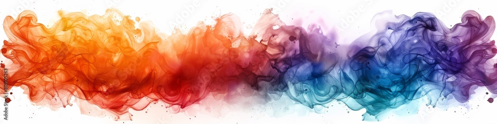 A colorful splash of watercolor paints on white background. Vibrant orange, blue and purple. 