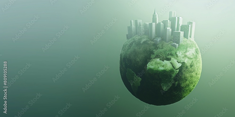 Green globe with modern city on the top isolated on green environment background with copy space, concept of globalization, planet protection, earth day, Sustainable development, World environment day