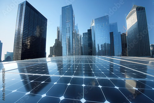 Solar photovoltaic panels on a rooftop integrated into buildings in the modern cityscape under clear sky.