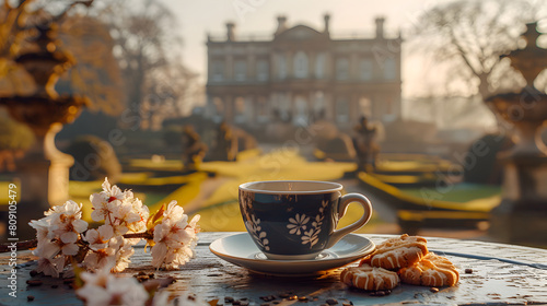 A cup of coffee and cookies sit on a table outdoors, with cherry blossoms in the background and a building visible through the branches. photo