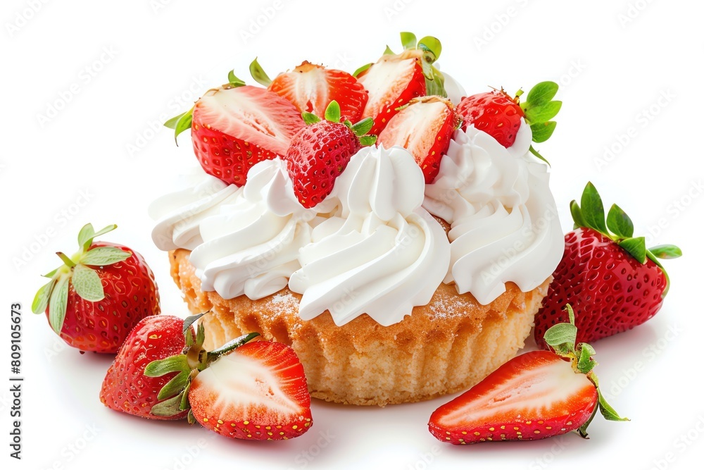 A strawberry shortcake with whipped cream and fresh strawberries, isolated on white A strawberry shortcake with whipped cream and fresh strawberries, isolated on white