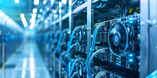 A data center housing a cryptocurrency mining supercomputer cluster for cloud computing. Concept Cryptocurrency Mining  Data Center Hosting  Cloud Computing  Supercomputer Cluster