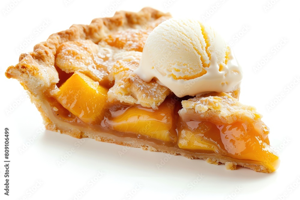 A slice of peach cobbler with a scoop of ice cream, isolated on white A slice of peach cobbler with a scoop of ice cream, isolated on white