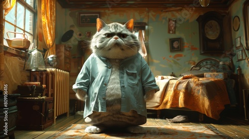 An obese cat wearing a light blue t-shirt and grey shorts, its fat belly hanging out of the shirt, in a cute pose, in the style of photorealistic hyperbole.
