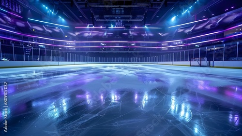 Empty ice hockey arena prepared for a game to be played. Concept Ice Hockey Arena, Sports Venue, Empty Stadium, Game Preparation © Anastasiia
