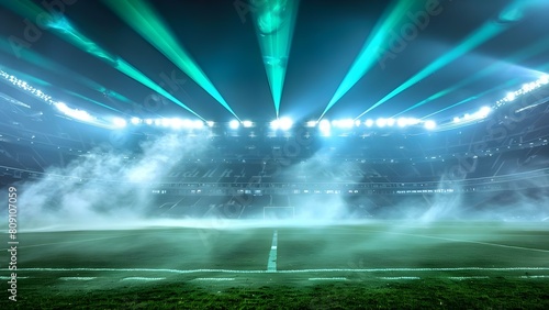 Football stadium glows under green lights preparing for an exciting match. Concept Sports, Football, Stadium, Night Lights, Excitement photo
