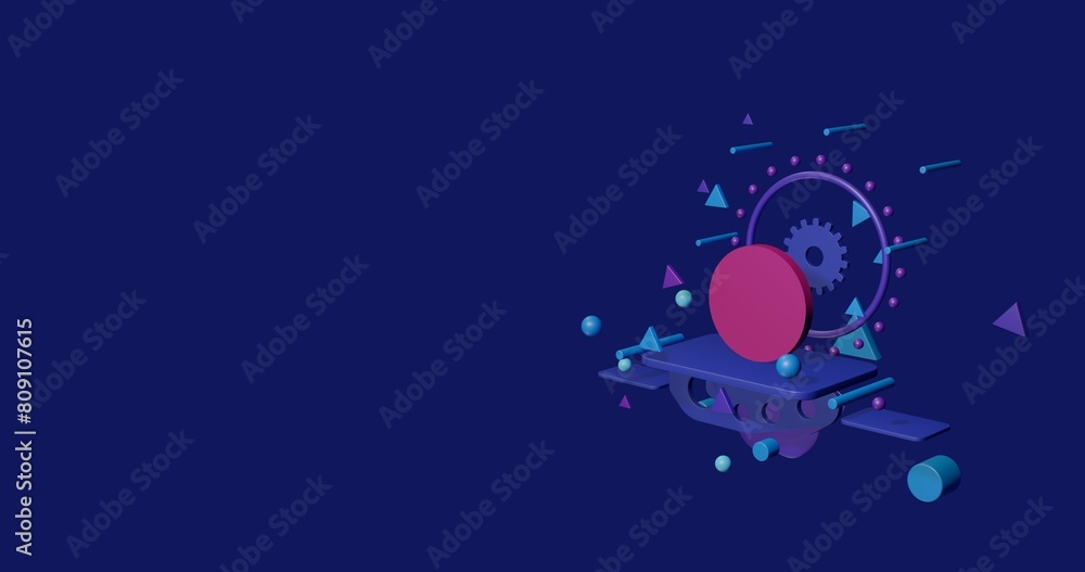 Pink circle on a pedestal of abstract geometric shapes floating in the air. Abstract concept art with flying shapes on the right. 3d illustration on indigo background Pink circle on a pedestal of abstract geometric shapes floating in the air. Abstract concept art with flying shapes on the right. 3d illustration on indigo background