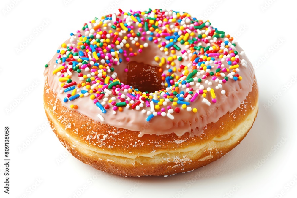 A glazed doughnut with colorful sprinkles, isolated on a white background A glazed doughnut with colorful sprinkles, isolated on a white background