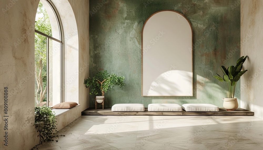 Fototapeta premium The modern interior mockup embraced a serene palette of pastel beige and green, accentuated by an arched window on the left wall.