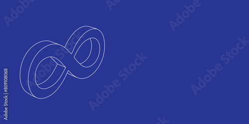 The outline of a large infinity symbol made of white lines on the left. 3D view of the object in perspective. Vector illustration on indigo background