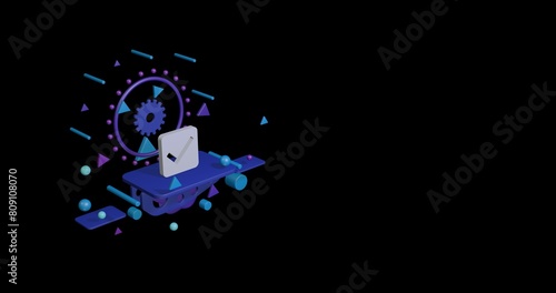 White checkbox symbol on a pedestal of abstract geometric shapes floating in the air. Abstract concept art with flying shapes on the left. 3d illustration on black background