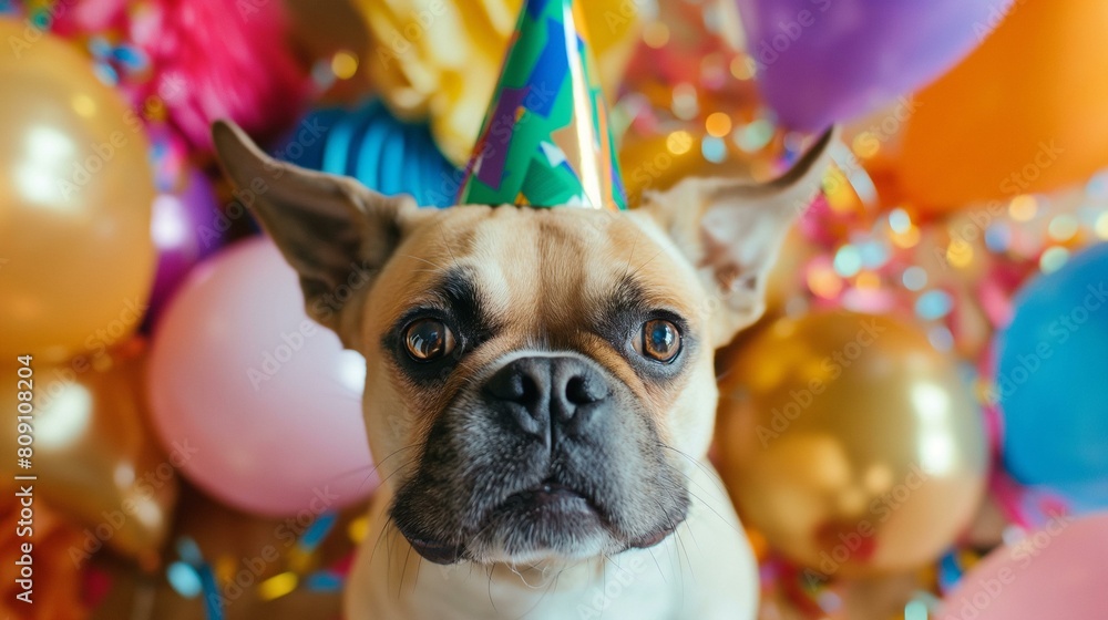 Surprised Dog at Colorful Birthday Party Wearing Cute Party Hat Surprised Dog at Colorful Birthday Party Wearing Cute Party Hat