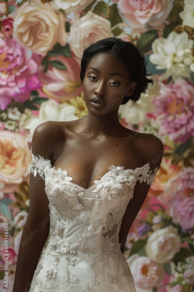 Naklejka premium Portrait of a beautiful young African American woman in white wedding dress over floral background. Spring inspiration, summer fashion. Natural cosmetics, make-up