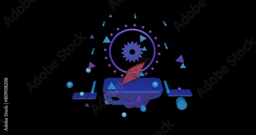 Red compass symbol on a pedestal of abstract geometric shapes floating in the air. Abstract concept art with flying shapes in the center. 3d illustration on black background