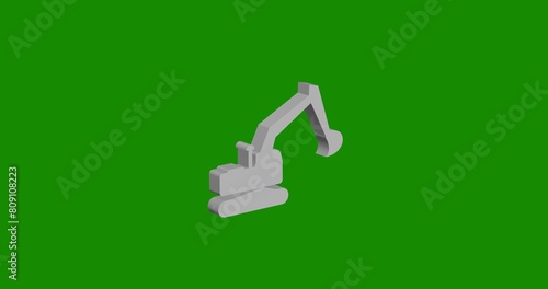 Isolated realistic white excavator symbol front view with shadow. 3d illustration on green chroma key background