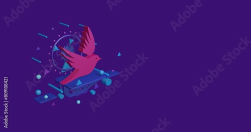 Pink bird symbol on a pedestal of abstract geometric shapes floating in the air. Abstract concept art with flying shapes on the left. 3d illustration on deep purple background