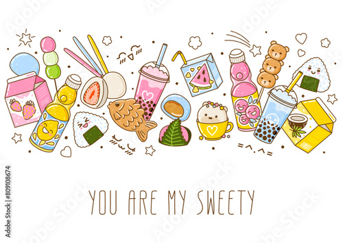 Horizontal border with cute asian food elements - cartoon illustration of traditional japanese sweets and drinks isolated on white background for Your kawaii design